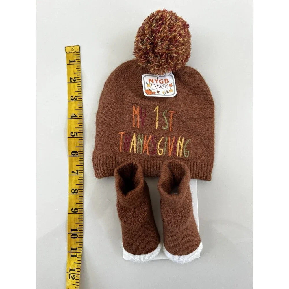 NYGB Baby Boy Girl Hat Sock 2 Pcs Set MY 1st THANKSGIVING 6-12 Month Outfit Gift